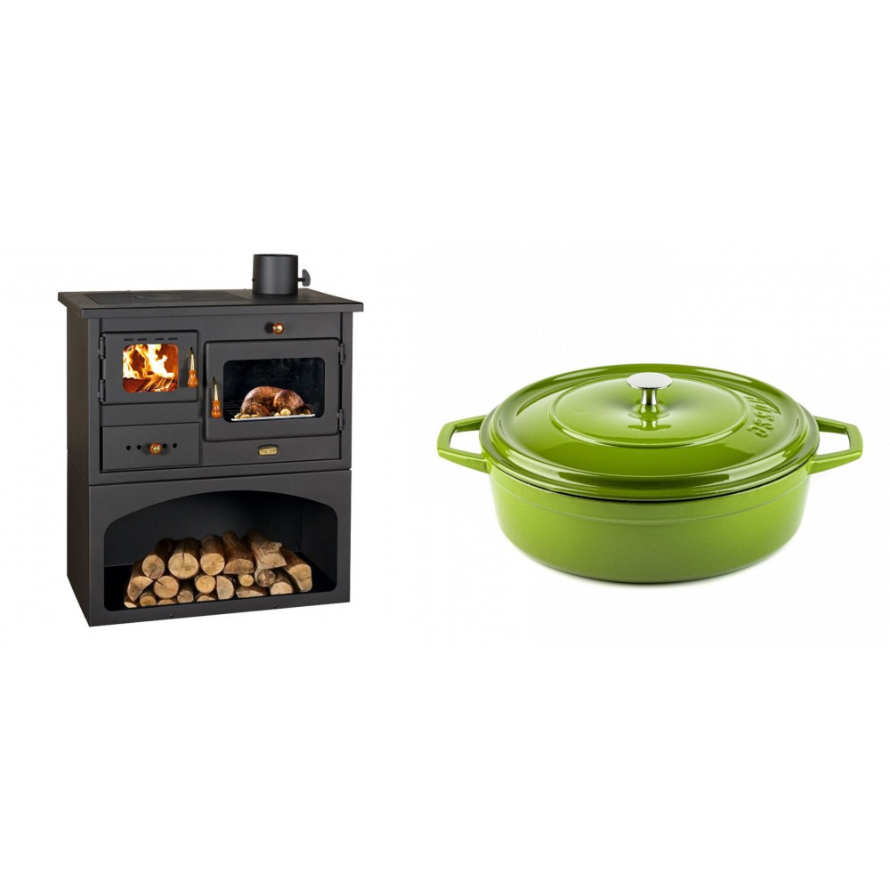 Set Küchenofen / Küchenhexe mit Backofen und Kochplatte Prity, Modell 1P34, Leistung 10.1kW + Gusseisen Topf Flach Solagio, Bamboo, Ф28