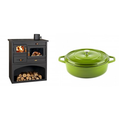 Set Küchenofen / Küchenhexe mit Backofen und Kochplatte Prity, Modell 1P34, Leistung 10.1kW + Gusseisen Topf Flach Solagio, Bamboo, Ф28 - Kaminofen - Holzofen mit Backfach