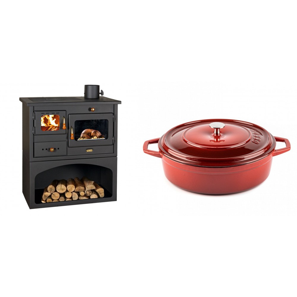 Set Küchenofen / Küchenhexe mit Backofen und Kochplatte Prity, Modell 1P34, Leistung 10.1kW + Gusseisen Topf Flach Solagio, Rubin, Ф28