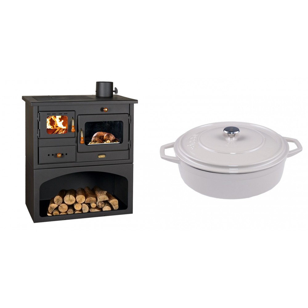 Set Küchenofen / Küchenhexe mit Backofen und Kochplatte Prity, Modell 1P34, Leistung 10.1kW + Gusseisen Topf Flach Solagio, Ivory, Ф28