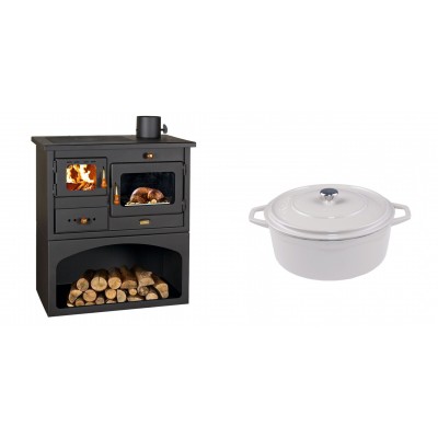 Set Küchenofen / Küchenhexe mit Backofen und Kochplatte Prity, Modell 1P34, Leistung 10.1kW + Gusseisen Topf Tiefer Solagio, Ivory, Ф20 - Kaminofen - Holzofen mit Backfach