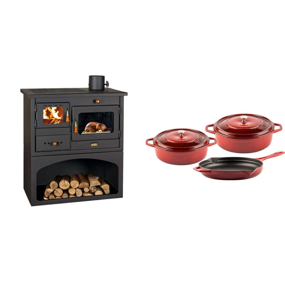 Set Küchenofen / Küchenhexe mit Backofen und Kochplatte Prity, Modell 1P34, Leistung 10.1kW + Gusseisen Topf Set aus 3 teilen Solagio, Rubin