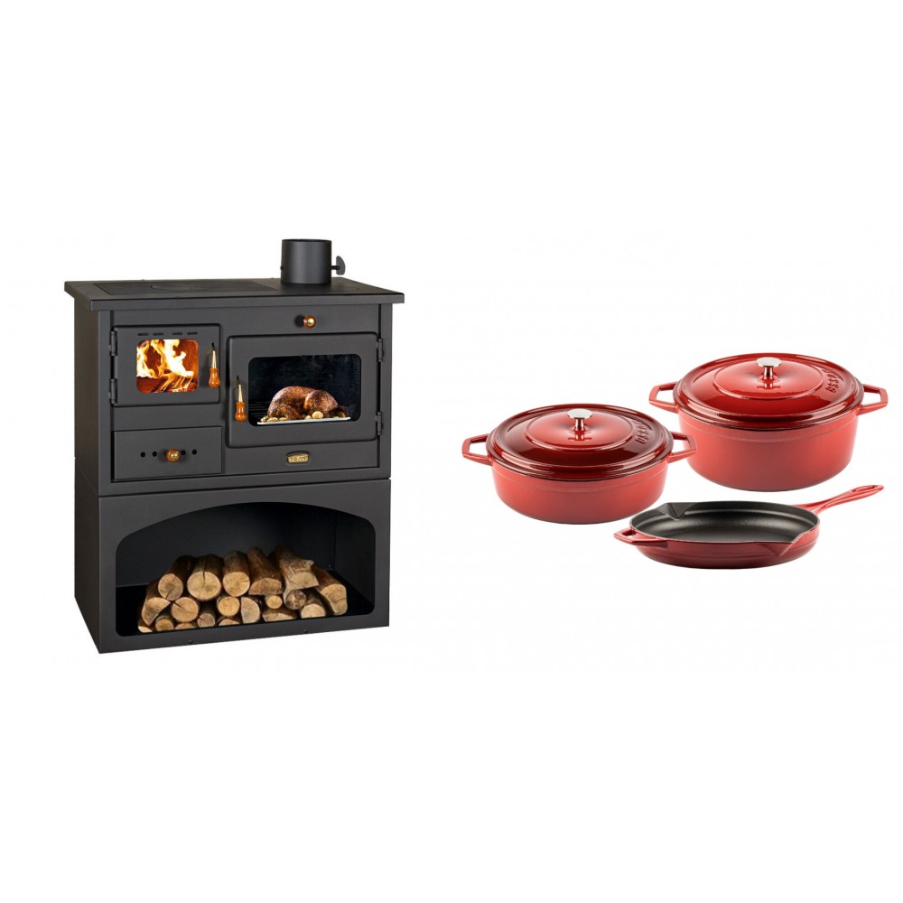 Set Küchenofen / Küchenhexe mit Backofen und Kochplatte Prity, Modell 1P34, Leistung 10.1kW + Gusseisen Topf Set aus 3 teilen Solagio, Rubin | Kaminofen - Holzofen mit Backfach | Kaminofen |