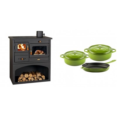 Set Küchenofen / Küchenhexe mit Backofen und Kochplatte Prity, Modell 1P34, Leistung 10.1kW + Gusseisen Topf Set aus 3 teilen Solagio, Bamboo - Kaminofen - Holzofen mit Backfach