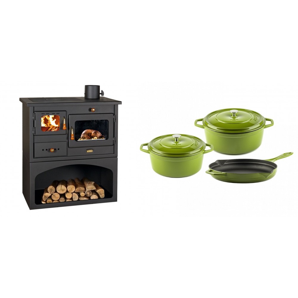 Set Küchenofen / Küchenhexe mit Backofen und Kochplatte Prity, Modell 1P34, Leistung 10.1kW + Gusseisen Topf Set aus 3 teilen Solagio, Bamboo