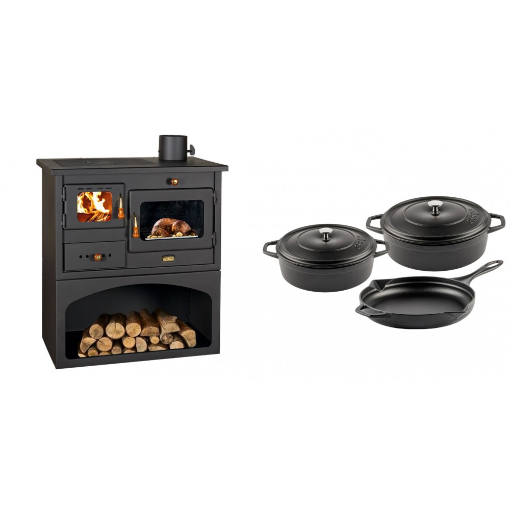 Set Küchenofen / Küchenhexe mit Backofen und Kochplatte Prity, Modell 1P34, Leistung 10.1kW + Gusseisen Topf Set aus 3 teilen Solagio, Black Onyx | Kaminofen - Holzofen mit Backfach | Kaminofen |