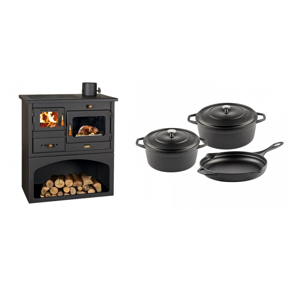 Set Küchenofen / Küchenhexe mit Backofen und Kochplatte Prity, Modell 1P34, Leistung 10.1kW + Gusseisen Topf Set aus 3 teilen Solagio, Black Onyx