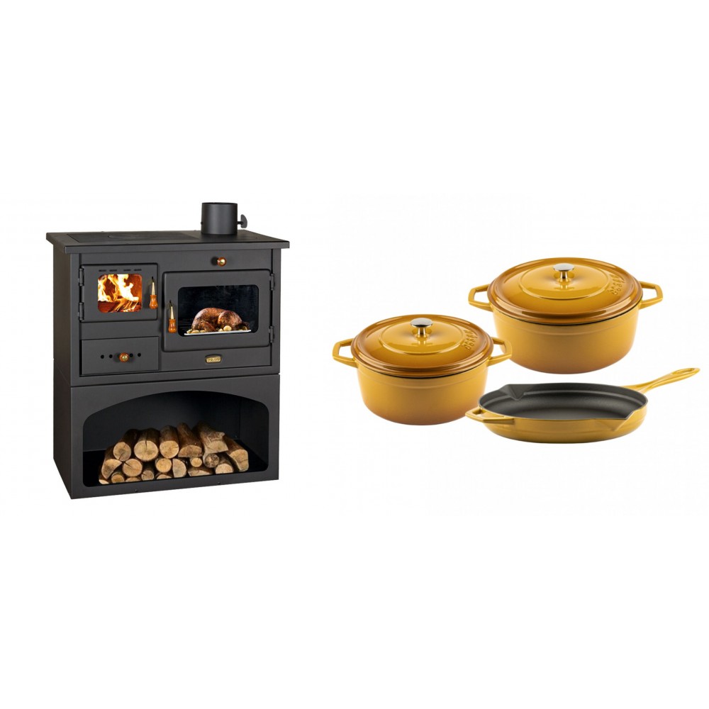 Set Küchenofen / Küchenhexe mit Backofen und Kochplatte Prity, Modell 1P34, Leistung 10.1kW + Gusseisen Topf Set aus 3 teilen Solagio, Dijon