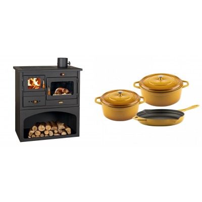 Set Küchenofen / Küchenhexe mit Backofen und Kochplatte Prity, Modell 1P34, Leistung 10.1kW + Gusseisen Topf Set aus 3 teilen Solagio, Dijon - Kaminofen - Holzofen mit Backfach