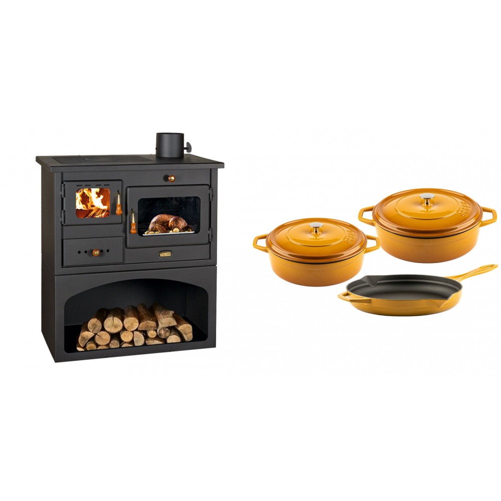 Set Küchenofen / Küchenhexe mit Backofen und Kochplatte Prity, Modell 1P34, Leistung 10.1kW + Gusseisen Topf Set aus 3 teilen Solagio, Dijon