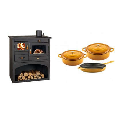 Set Küchenofen / Küchenhexe mit Backofen und Kochplatte Prity, Modell 1P34, Leistung 10.1kW + Gusseisen Topf Set aus 3 teilen Solagio, Dijon - Kaminofen - Holzofen mit Backfach