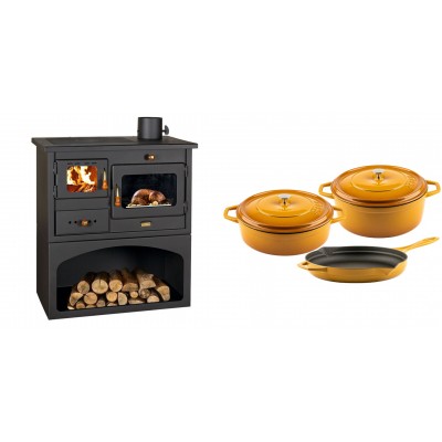 Set Küchenofen / Küchenhexe mit Backofen und Kochplatte Prity, Modell 1P34, Leistung 10.1kW + Gusseisen Topf Set aus 3 teilen Solagio, Dijon - Kaminofen - Holzofen mit Backfach