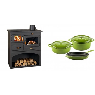 Set Küchenofen / Küchenhexe mit Backofen und Kochplatte Prity, Modell 1P34, Leistung 10.1kW + Gusseisen Topf Set aus 3 teilen Solagio, Bamboo - Kaminofen - Holzofen mit Backfach