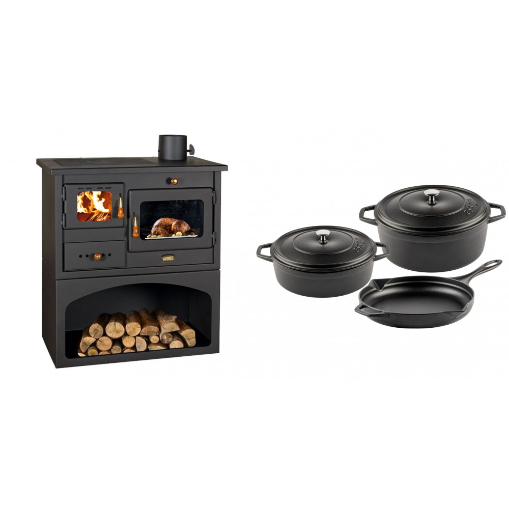 Set Küchenofen / Küchenhexe mit Backofen und Kochplatte Prity, Modell 1P34, Leistung 10.1kW + Gusseisen Topf Set aus 3 teilen Solagio, Black Onyx