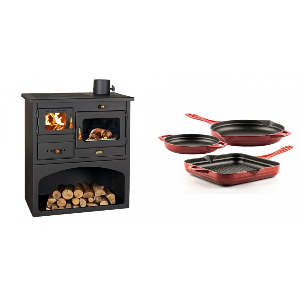 Set Küchenofen / Küchenhexe mit Backofen und Kochplatte Prity, Modell 1P34, Leistung 10.1kW + Gusseisen Topf Set aus 3 teilen Solagio, Rubin | Kaminofen - Holzofen mit Backfach | Kaminofen |