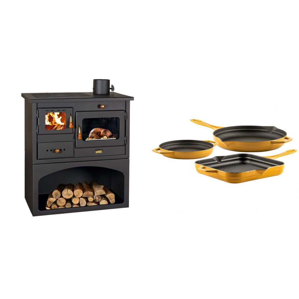 Set Küchenofen / Küchenhexe mit Backofen und Kochplatte Prity, Modell 1P34, Leistung 10.1kW + Gusseisen Topf Set aus 3 teilen Solagio, Dijon