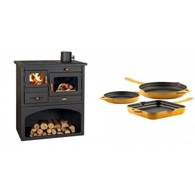 Set Küchenofen / Küchenhexe mit Backofen und Kochplatte Prity, Modell 1P34, Leistung 10.1kW + Gusseisen Topf Set aus 3 teilen Solagio, Dijon - Kaminofen - Holzofen mit Backfach