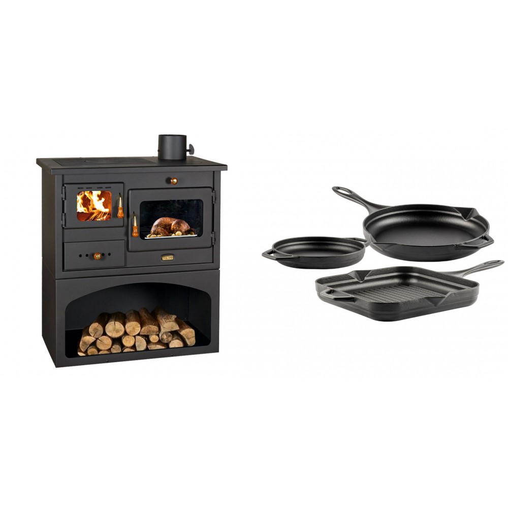 Set Küchenofen / Küchenhexe mit Backofen und Kochplatte Prity, Modell 1P34, Leistung 10.1kW + Gusseisen Topf Set aus 3 teilen Solagio, Black Onyx | Kaminofen - Holzofen mit Backfach | Kaminofen |