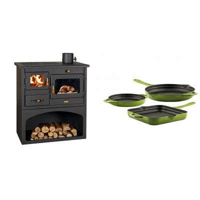 Set Küchenofen / Küchenhexe mit Backofen und Kochplatte Prity, Modell 1P34, Leistung 10.1kW + Gusseisen Topf Set aus 3 teilen Solagio, Bamboo - Kaminofen - Holzofen mit Backfach