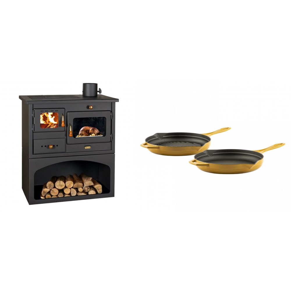 Set Küchenofen / Küchenhexe mit Backofen und Kochplatte Prity, Modell 1P34, Leistung 10.1kW + Gusseisen Topf Set aus 2 teilen Solagio, Dijon | Kaminofen - Holzofen mit Backfach | Kaminofen |