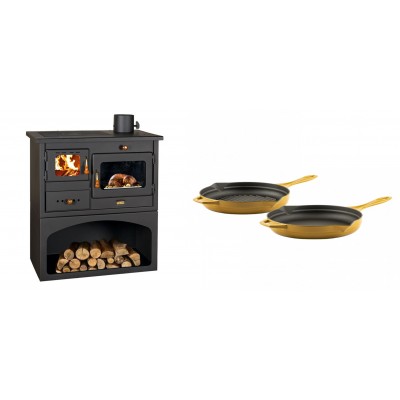 Set Küchenofen / Küchenhexe mit Backofen und Kochplatte Prity, Modell 1P34, Leistung 10.1kW + Gusseisen Topf Set aus 2 teilen Solagio, Dijon - Kaminofen - Holzofen mit Backfach
