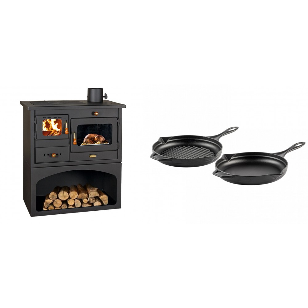 Set Küchenofen / Küchenhexe mit Backofen und Kochplatte Prity, Modell 1P34, Leistung 10.1kW + Gusseisen Topf Set aus 2 teilen Solagio, Black Onyx | Kaminofen - Holzofen mit Backfach | Kaminofen |