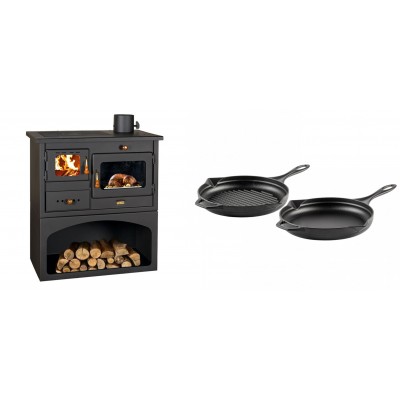 Set Küchenofen / Küchenhexe mit Backofen und Kochplatte Prity, Modell 1P34, Leistung 10.1kW + Gusseisen Topf Set aus 2 teilen Solagio, Black Onyx - Kaminofen - Holzofen mit Backfach