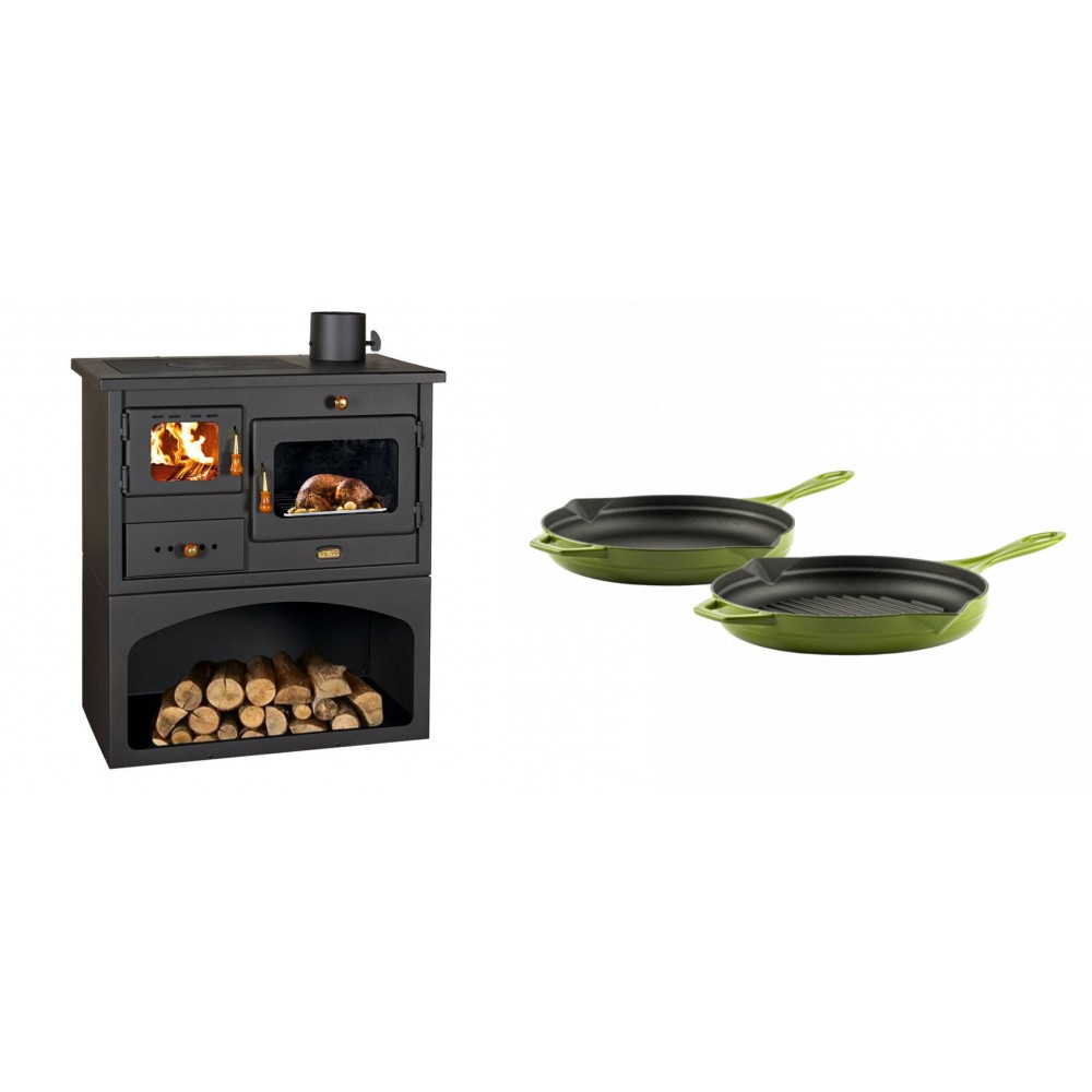 Set Küchenofen / Küchenhexe mit Backofen und Kochplatte Prity, Modell 1P34, Leistung 10.1kW + Gusseisen Topf Set aus 2 teilen Solagio, Bamboo | Kaminofen - Holzofen mit Backfach | Kaminofen |