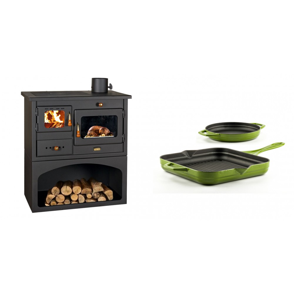 Set Küchenofen / Küchenhexe mit Backofen und Kochplatte Prity, Modell 1P34, Leistung 10.1kW + Gusseisen Topf Set aus 2 teilen Solagio, Bamboo | Kaminofen - Holzofen mit Backfach | Kaminofen |