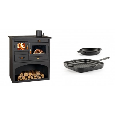 Set Küchenofen / Küchenhexe mit Backofen und Kochplatte Prity, Modell 1P34, Leistung 10.1kW + Gusseisen Topf Set aus 2 teilen Solagio, Black Onyx - Kaminofen - Holzofen mit Backfach