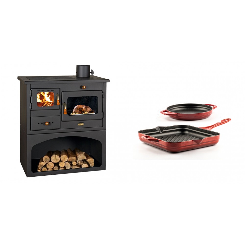 Set Küchenofen / Küchenhexe mit Backofen und Kochplatte Prity, Modell 1P34, Leistung 10.1kW + Gusseisen Topf Set aus 2 teilen Solagio, Rubin | Kaminofen - Holzofen mit Backfach | Kaminofen |