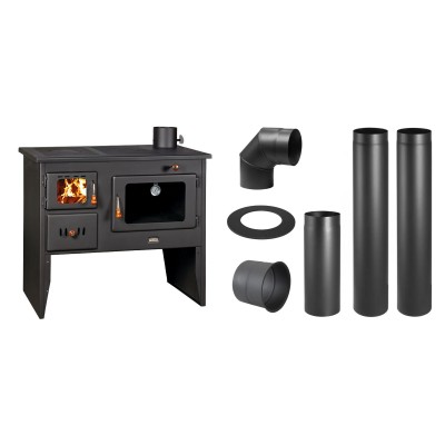 Set Küchenofen / Küchenhexe mit Backofen und Kochplatte Prity, Modell 2P41, Leistung 15.2kW, Füße + Schornstein Bausatz PARKANEX, Stahl Ø130, Dicke 2mm - Kaminofen - Holzofen mit Backfach