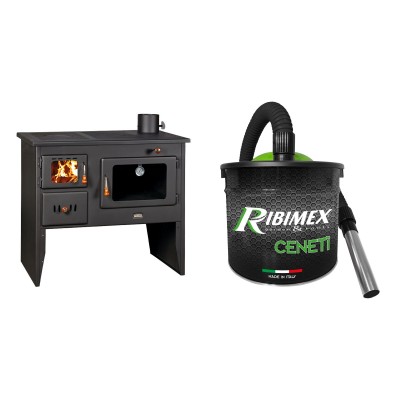 Set Küchenofen / Küchenhexe mit Backofen und Kochplatte Prity, Modell 2P41, Leistung 15.2kW, Füße + Elektrischer Aschesauger Ribimex, Modell Cenetì, Fassungsvermögen 15 L - Kaminofen - Holzofen mit Backfach