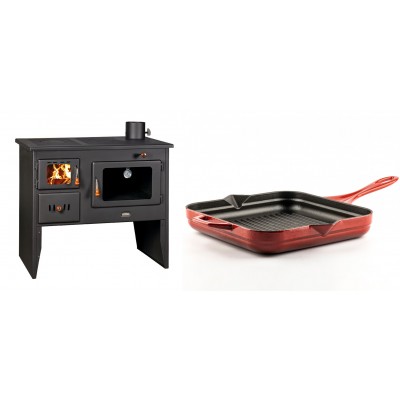 Set Küchenofen / Küchenhexe mit Backofen und Kochplatte Prity, Modell 2P41, Leistung 15.2kW, Füße + Emaillierte grillpfanne Gusseisen Solagio, Rubin, 28x28cm - Kaminofen - Holzofen mit Backfach