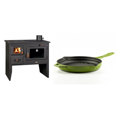 Set Küchenofen / Küchenhexe mit Backofen und Kochplatte Prity, Modell 2P41, Leistung 15.2kW, Füße + Emaillierte grillpfanne Gusseisen Solagio, Bamboo, Ф28cm - Kaminofen - Holzofen mit Backfach