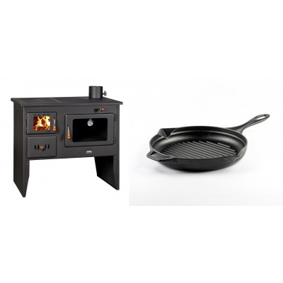 Set Küchenofen / Küchenhexe mit Backofen und Kochplatte Prity, Modell 2P41, Leistung 15.2kW, Füße + Emaillierte grillpfanne Gusseisen Solagio, Black Onyx, Ф24cm - Kaminofen - Holzofen mit Backfach