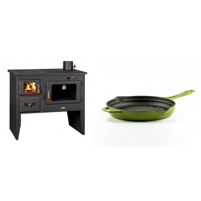 Set Küchenofen / Küchenhexe mit Backofen und Kochplatte Prity, Modell 2P41, Leistung 15.2kW, Füße + Emaillierte grillpfanne Gusseisen Solagio, Bamboo, Ф24cm - Kaminofen - Holzofen mit Backfach