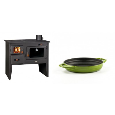 Set Küchenofen / Küchenhexe mit Backofen und Kochplatte Prity, Modell 2P41, Leistung 15.2kW, Füße + Emaillierte gusseisenpfanne mit zwei Griffen Solagio, Bamboo, Ф16cm - Kaminofen - Holzofen mit Backfach