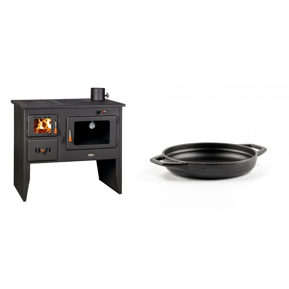 Set Küchenofen / Küchenhexe mit Backofen und Kochplatte Prity, Modell 2P41, Leistung 15.2kW, Füße + Emaillierte gusseisenpfanne mit zwei Griffen Solagio, Black Onyx, Ф16cm | Kaminofen - Holzofen mit Backfach | Prity |