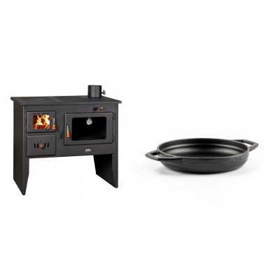 Set Küchenofen / Küchenhexe mit Backofen und Kochplatte Prity, Modell 2P41, Leistung 15.2kW, Füße + Emaillierte gusseisenpfanne mit zwei Griffen Solagio, Black Onyx, Ф16cm - Kaminofen - Holzofen mit Backfach