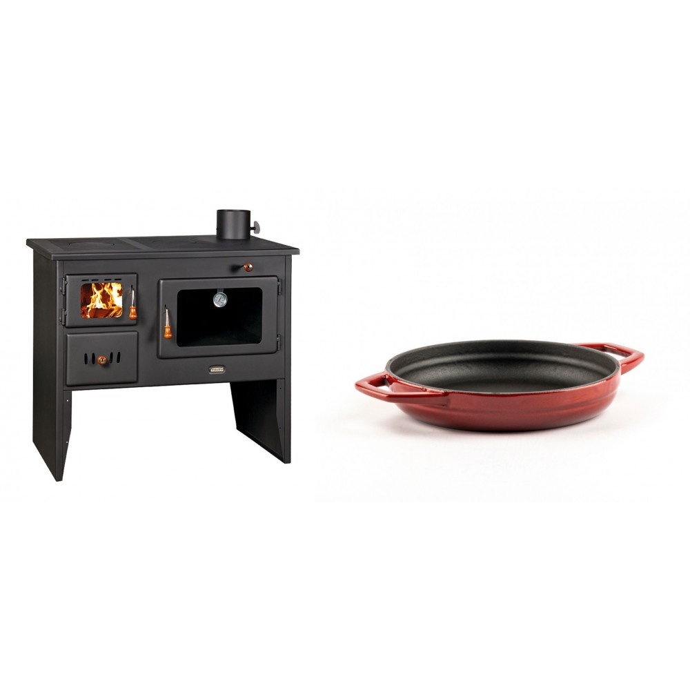 Set Küchenofen / Küchenhexe mit Backofen und Kochplatte Prity, Modell 2P41, Leistung 15.2kW, Füße + Emaillierte gusseisenpfanne mit zwei Griffen Solagio, Rubin, Ф16cm | Kaminofen - Holzofen mit Backfach | Prity |