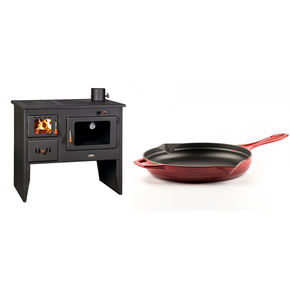 Set Küchenofen / Küchenhexe mit Backofen und Kochplatte Prity, Modell 2P41, Leistung 15.2kW, Füße + Emaillierte Gusseisenpfanne Solagio, Rubin, Ф28cm | Kaminofen - Holzofen mit Backfach | Prity |