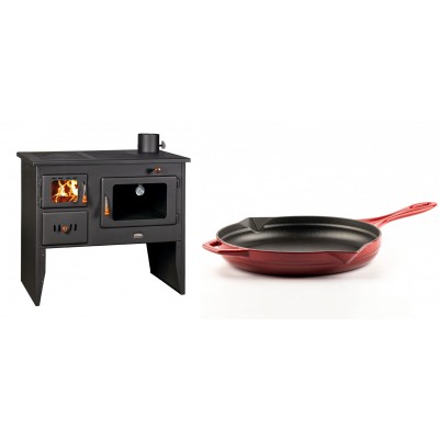 Set Küchenofen / Küchenhexe mit Backofen und Kochplatte Prity, Modell 2P41, Leistung 15.2kW, Füße + Emaillierte Gusseisenpfanne Solagio, Rubin, Ф28cm - Kaminofen - Holzofen mit Backfach