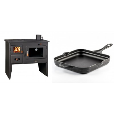 Set Küchenofen / Küchenhexe mit Backofen und Kochplatte Prity, Modell 2P41, Leistung 15.2kW, Füße + Emaillierte Gusseisenpfanne Solagio, Black Onyx, 28x28cm - Kaminofen - Holzofen mit Backfach