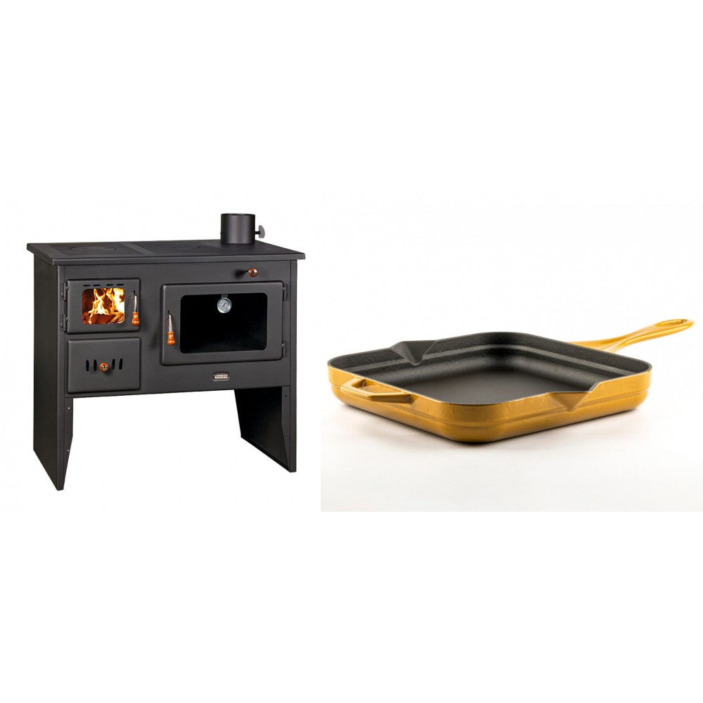 Set Küchenofen / Küchenhexe mit Backofen und Kochplatte Prity, Modell 2P41, Leistung 15.2kW, Füße + Emaillierte Gusseisenpfanne Solagio, Dijon, 28x28cm | Kaminofen - Holzofen mit Backfach | Prity |
