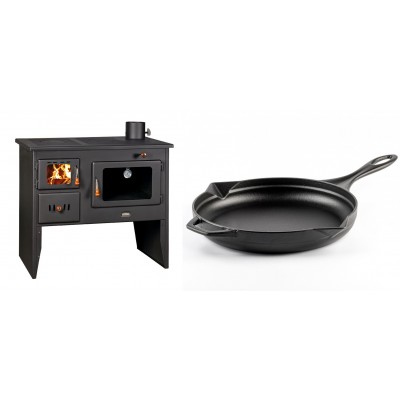 Set Küchenofen / Küchenhexe mit Backofen und Kochplatte Prity, Modell 2P41, Leistung 15.2kW, Füße + Emaillierte Gusseisenpfanne Solagio, Black Onyx, Ф28cm - Kaminofen - Holzofen mit Backfach