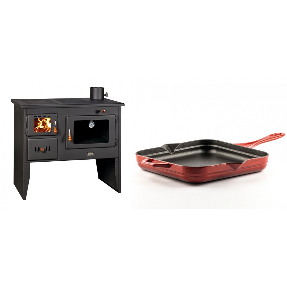 Set Küchenofen / Küchenhexe mit Backofen und Kochplatte Prity, Modell 2P41, Leistung 15.2kW, Füße + Emaillierte Gusseisenpfanne Solagio, Rubin, 28x28cm | Kaminofen - Holzofen mit Backfach | Prity |