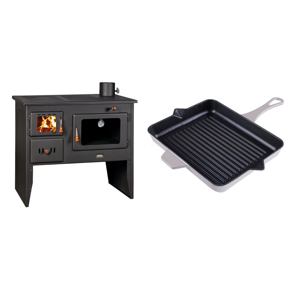 Set Küchenofen / Küchenhexe mit Backofen und Kochplatte Prity, Modell 2P41, Leistung 15.2kW, Füße + Emaillierte grillpfanne Gusseisen Solagio, Ivory, 26x32cm | Kaminofen - Holzofen mit Backfach | Prity |