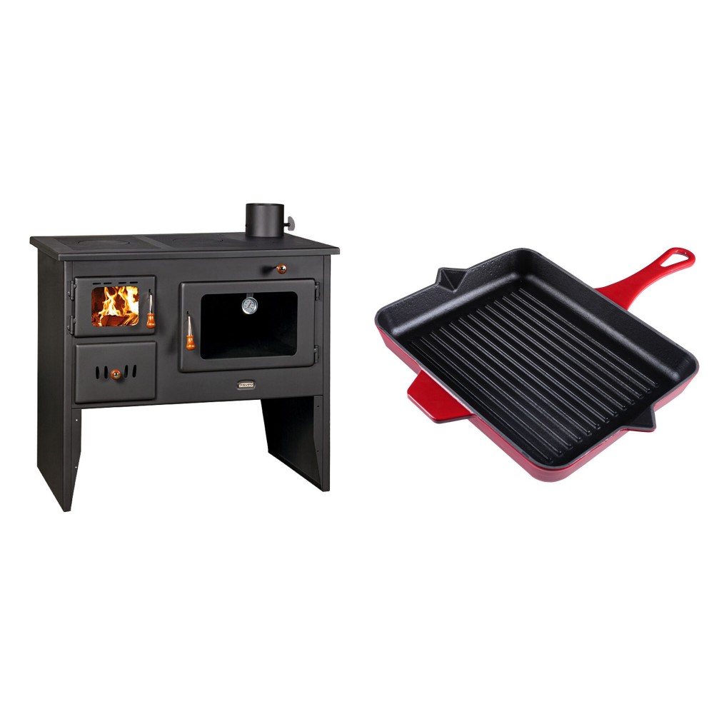 Set Küchenofen / Küchenhexe mit Backofen und Kochplatte Prity, Modell 2P41, Leistung 15.2kW, Füße + Emaillierte grillpfanne Gusseisen Solagio, Rubin, 26x32cm | Kaminofen - Holzofen mit Backfach | Prity |