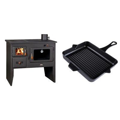 Set Küchenofen / Küchenhexe mit Backofen und Kochplatte Prity, Modell 2P41, Leistung 15.2kW, Füße + Emaillierte grillpfanne Gusseisen Solagio, Black Onyx, 26x32cm - Kaminofen - Holzofen mit Backfach
